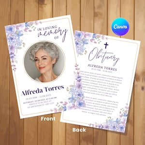 Purple Floral Funeral Program Template, Editable Obituary (Canva)