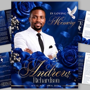 May include: A funeral program template featuring a portrait of a man in a white suit and black tie, surrounded by deep blue roses and a white dove. The text reads IN LOVING MEMORY, Andrew Richardson, and the dates AUG 12, 1948 - APR 6, 2026.