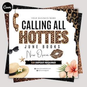 Könnte beinhalten: Werbegrafik mit weißem Hintergrund und Leopardenmuster-Akzenten. Der Text "CALLING ALL HOTTIES" ist prominent dargestellt, zusammen mit "JUNE BOOKS Now Open". Weitere Elemente sind ein Vintage-Telefon, Sonnenbrille, Hut und Hibiskusblüte.