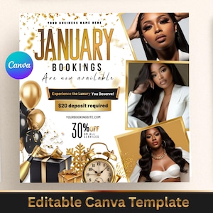 January Bookings Flyer Lash Books Open Monthly Bookings Available Hair Wigs Books Flyer January Book Now Flyer, Appointment (Canva Template)