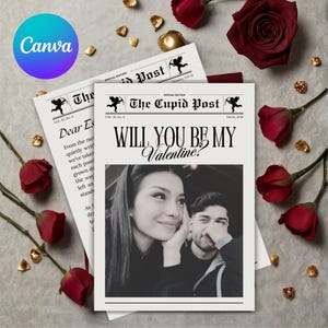 May include: A Valentine's Day themed newspaper titled "The Cupid Post" with the headline "Will You Be My Valentine?" features a black and white photo of a couple. Red roses and gold accents surround the newspaper.