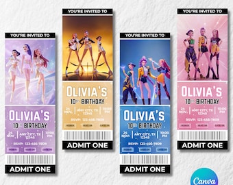 May include: Four birthday party ticket templates with the text "YOU'RE INVITED TO" and "OLIVIA'S 10th BIRTHDAY." Each ticket features a different group of animated characters. The tickets include RSVP and event details.