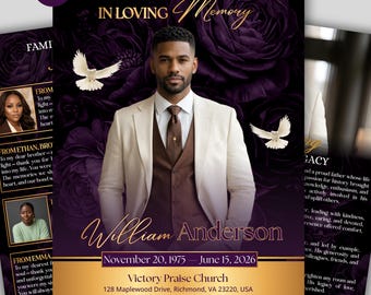 Purple Roses Funeral Program Template: 8-Page Memorial (Canva, PDF Download) Funeral Brochure program, Celebration of Life Brochure Template