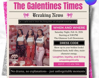 Plantilla de volante de periódico para el Día de Galentine / Invitación editable para una noche de chicas en rosa / Plantilla de volante de fiesta estilo revista de Canva