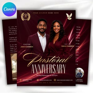 May include: A maroon and gold church event flyer featuring a photo of a man and woman, with text reading Pastoral Anniversary, Pastor James Dawson, First Lady Sarah Dawson, Sunday September 16, 10:00 pm, and various contact details.