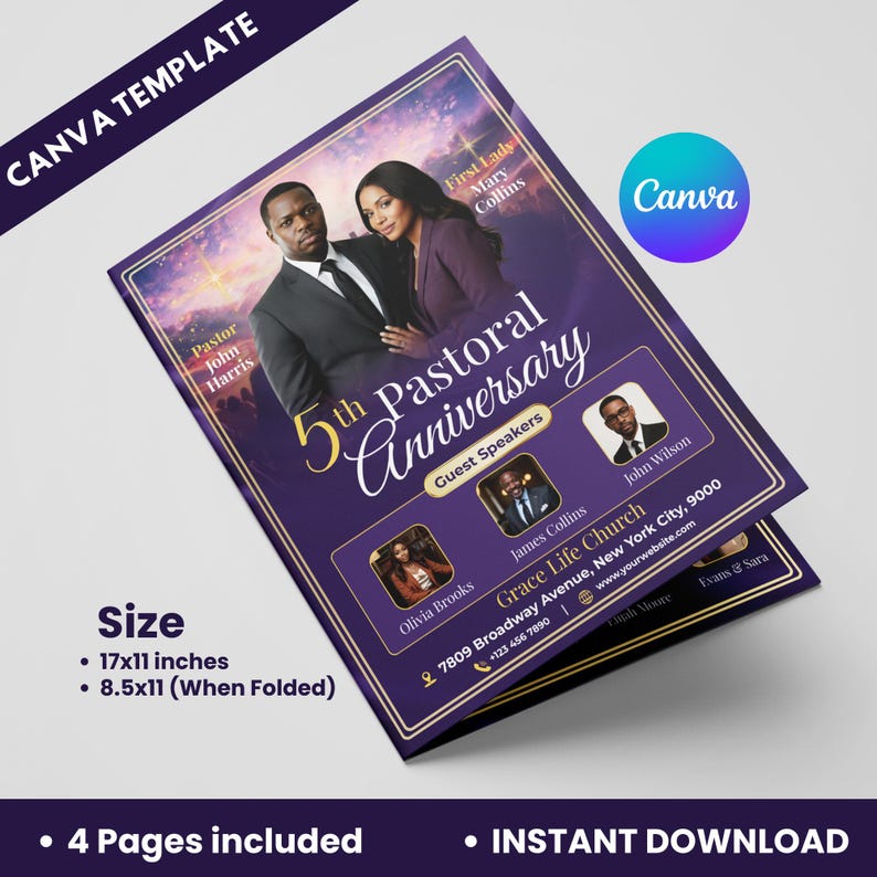 May include: A purple Canva template for a 5th Pastoral Anniversary event. The design includes photos of speakers, event details, and the text "5th Pastoral Anniversary". The template is 17x11 inches, or 8.5x11 inches when folded.