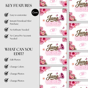 May include: A digital marketing template with a floral theme. The design features the text "June Books Now Open" with a megaphone graphic. The template is easy to customize and available for instant download after purchase.