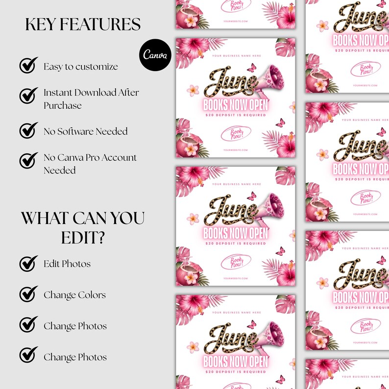 May include: A digital marketing template with a floral theme. The design features the text "June Books Now Open" with a megaphone graphic. The template is easy to customize and available for instant download after purchase.