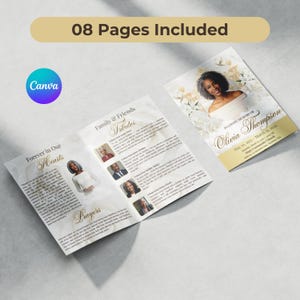 May include: A memorial program with a gold and white floral design. The program includes the text "Forever in Our Hearts", "Family & Friends", "Tributes", "Prayers", and "Olivia Thompson". The program is designed with Canva and includes 08 pages.