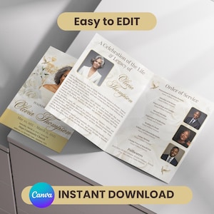 May include: A tri-fold memorial program with the text "A Celebration of the Life & Legacy of Olivia Thompson." The program features a photo of Olivia Thompson and includes an order of service and pallbearers.