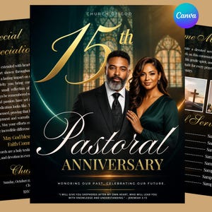 May include: A 15th Pastoral Anniversary flyer featuring a man in a black suit and a woman in a dark green dress. The text reads Church of God, 15th Pastoral Anniversary, Honoring our past, celebrating our future, and a quote from Jeremiah 3:15.