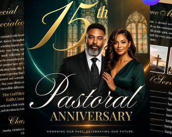May include: A 15th Pastoral Anniversary flyer featuring a man in a black suit and a woman in a dark green dress. The text reads Church of God, 15th Pastoral Anniversary, Honoring our past, celebrating our future, and a quote from Jeremiah 3:15.