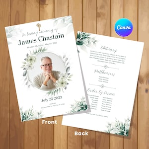 May include: A memorial program with a photo of a man, surrounded by floral accents. The front reads "In loving memory of James Chastain" with dates and a service date. The back includes an obituary and order of service.