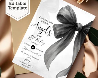 Elegant Black and White Bow Birthday Invitation, Editable Canva Template (5x7)