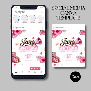 Summer booking flyer featuring leopard print aesthetic, beach accessories and editable Canva beauty template for hair appointments, beauty promo template and Instagram beauty flyer marketing.
June books open flyer template with trendy cheetah print graphics, editable salon booking flyer for hairstylists, wig installs, nail techs and lash flyer Canva promotions.