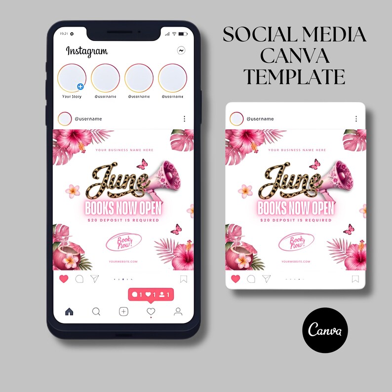 Summer booking flyer featuring leopard print aesthetic, beach accessories and editable Canva beauty template for hair appointments, beauty promo template and Instagram beauty flyer marketing.
June books open flyer template with trendy cheetah print graphics, editable salon booking flyer for hairstylists, wig installs, nail techs and lash flyer Canva promotions.