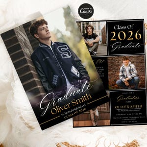 May include: Graduation announcement featuring a young man in a letterman jacket. The design includes the text "Graduate Oliver Smith, Class of 2026" in elegant script. Additional photos and party details are also included.