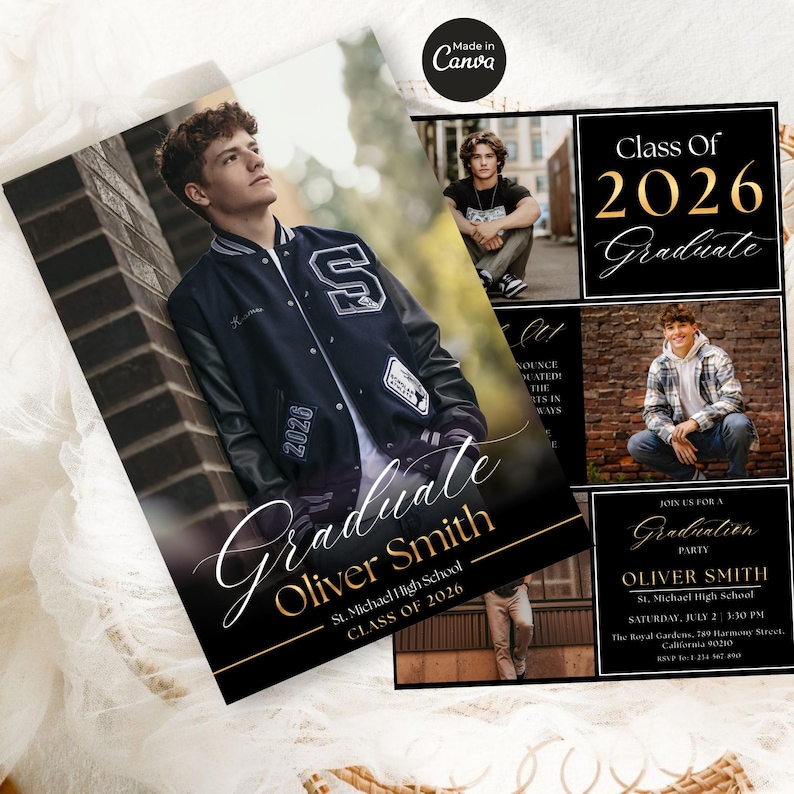 May include: Graduation announcement featuring a young man in a letterman jacket. The design includes the text "Graduate Oliver Smith, Class of 2026" in elegant script. Additional photos and party details are also included.
