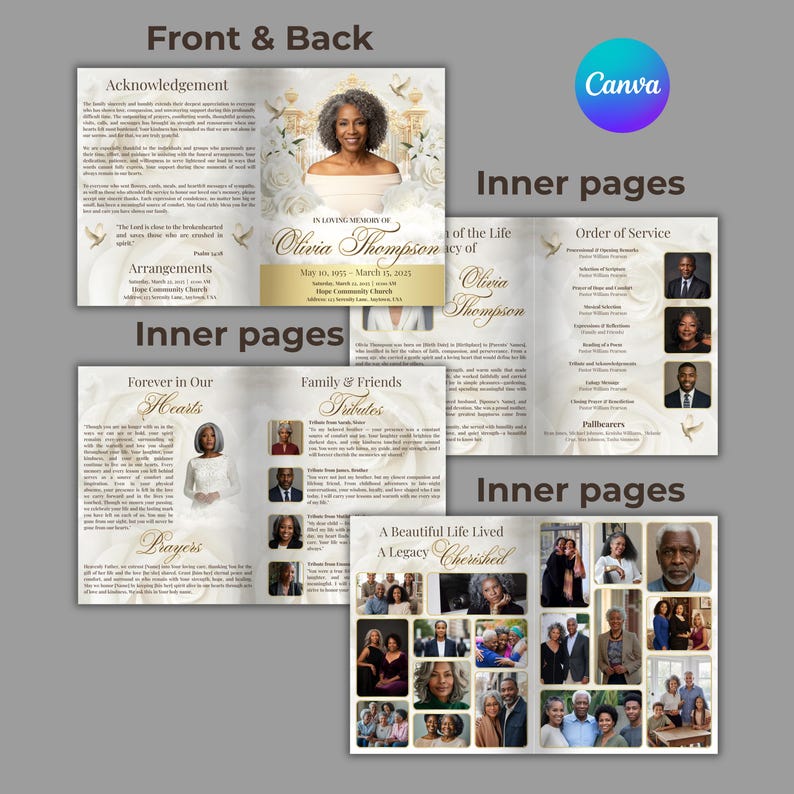 May include: A memorial program with a portrait of Olivia Thompson, floral accents, and the text "In Loving Memory Of." The program includes sections for acknowledgements, arrangements, and tributes, with additional photos.