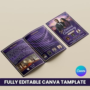May include: A brochure for the 5th Pastoral Anniversary of Grace Life Church, featuring a purple and gold design. The brochure includes the church's history, a program schedule, and guest speakers. The text "FULLY EDITABLE CANVA TEMPLATE" is at the bottom.
