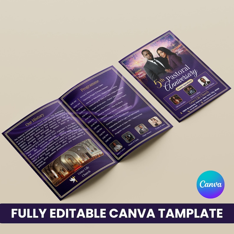 May include: A brochure for the 5th Pastoral Anniversary of Grace Life Church, featuring a purple and gold design. The brochure includes the church's history, a program schedule, and guest speakers. The text "FULLY EDITABLE CANVA TEMPLATE" is at the bottom.