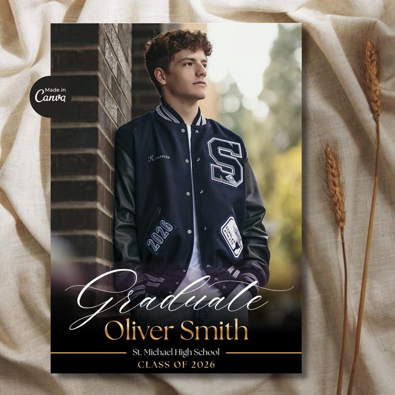 Senior graduation announcement template with modern navy blue design and multiple photo collage layout. Editable Canva graduation invitation perfect for Class of 2026 celebration, boys graduation party invite, and stylish graduation photo cards.