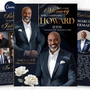 May include: A funeral program template featuring a portrait of a man in a dark suit and white shirt, gold text reading In Loving Memory, Marcus Jermaine Howard, 12 P.M., February 8, 1950 - December 11, 2026, and Your Love Will Live On Forever.