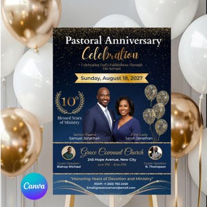 Puede incluir: Un cartel azul marino para una Celebraci&oacute;n Aniversario Pastoral, con globos dorados y blancos. El cartel incluye el texto "Celebraci&oacute;n Aniversario Pastoral" y detalles del evento, incluyendo fecha, hora y lugar.