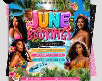 June Booking Flyer, Summer Sale Bookings flyer, Summer Sale Flyer,  Summer Booking Flyer, June Books Open, Summer Hair Flyer, Canva Editable