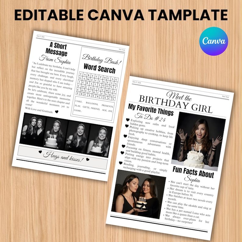 Puede incluir: Dos plantillas de Canva estilo peri&oacute;dico con temas de cumplea&ntilde;os. Una presenta un mensaje, fotos y una b&uacute;squeda de palabras. La otra incluye una foto, "Mis cosas favoritas" y "Datos divertidos". Las plantillas son en blanco y negro.