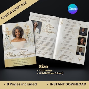 May include: A Canva template for a memorial service program. The design features a photo of a woman, floral accents, and the text "Olivia Thompson." The program includes an order of service and details about the event. The size is 17x11 inches, 8.5x11 when folded.