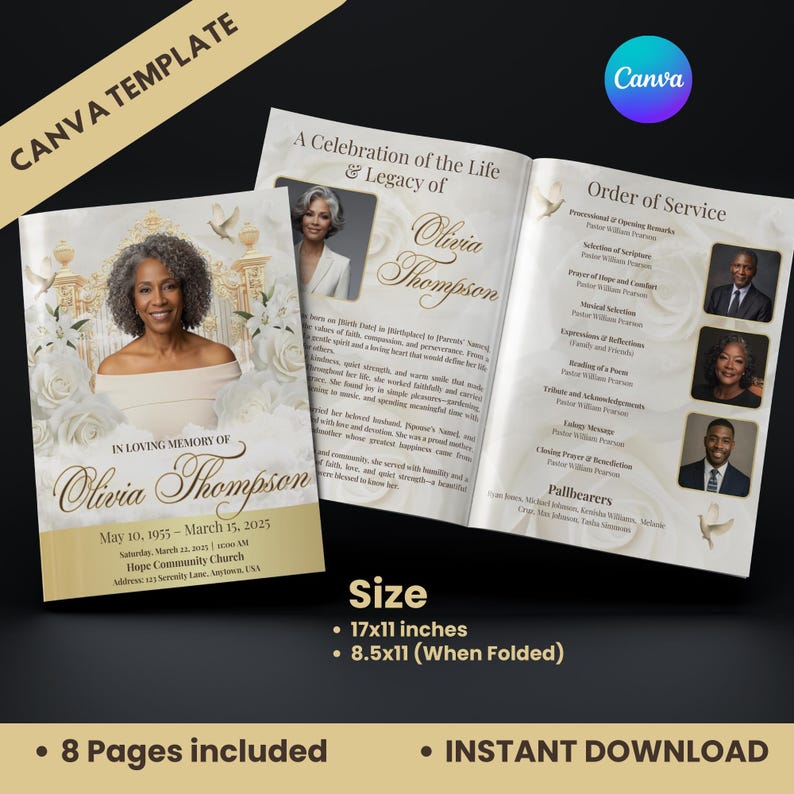 May include: A Canva template for a memorial service program. The design features a photo of a woman, floral accents, and the text "Olivia Thompson." The program includes an order of service and details about the event. The size is 17x11 inches, 8.5x11 when folded.