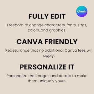 Puede incluir: Gr&aacute;fico beige con el logotipo de Canva y las palabras "FULLY EDIT", "CANVA FRIENDLY" y "PERSONALIZE IT". El texto describe la capacidad de cambiar caracteres, fuentes, tama&ntilde;os, colores y gr&aacute;ficos, sin tarifas adicionales de Canva.