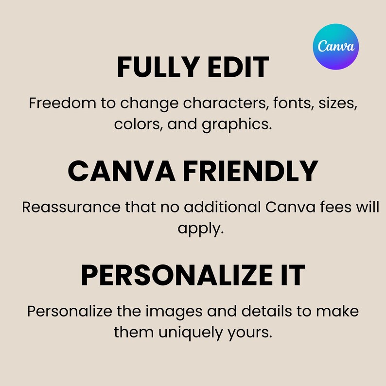 Puede incluir: Gr&aacute;fico beige con el logotipo de Canva y las palabras "FULLY EDIT", "CANVA FRIENDLY" y "PERSONALIZE IT". El texto describe la capacidad de cambiar caracteres, fuentes, tama&ntilde;os, colores y gr&aacute;ficos, sin tarifas adicionales de Canva.