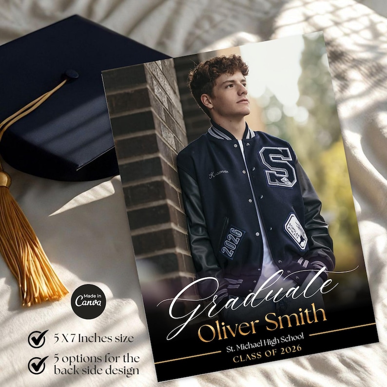 Class of 2026 graduation party invitation template with elegant script typography and modern photo collage design. Editable Canva graduation announcement ideal for boys graduation invitations and high school graduation celebration cards.