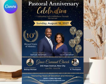 Pastoral Anniversary Flyer, Church Event Flyer, Pastor Appreciation Template, Christian Church Service, Church Anniversary A4 Canva template