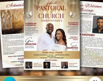 Pastoral Anniversary Program, Church Anniversary Program, Pastoral Anniversary bifold brochure, Church Anniversary brochure canva template