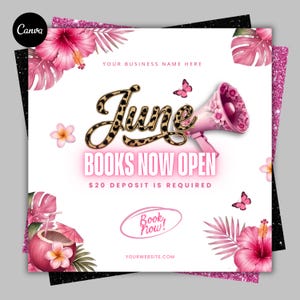 June booking flyer featuring leopard print design, editable Canva beauty template for salon booking flyer, hair flyer template, nail tech social media post and summer booking flyer promotions.
Calling all hotties June books open flyer with cheetah print typography, editable Canva beauty flyer for hairstylists, lash artists, nail techs and salon booking promotions.