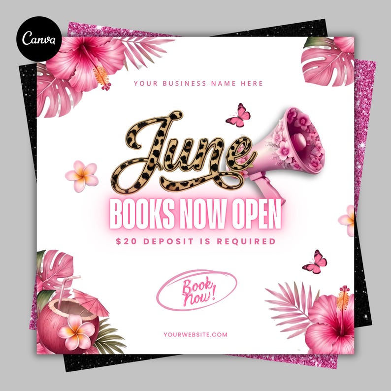June booking flyer featuring leopard print design, editable Canva beauty template for salon booking flyer, hair flyer template, nail tech social media post and summer booking flyer promotions.
Calling all hotties June books open flyer with cheetah print typography, editable Canva beauty flyer for hairstylists, lash artists, nail techs and salon booking promotions.