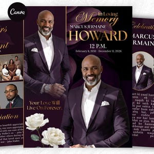 May include: A funeral program template featuring a portrait of a man in a dark purple suit and white shirt. The text reads In Loving Memory, Marcus Jermaine Howard, 12 P.M., February 8, 1950 - December 11, 2026, and Your Love Will Live On Forever.
