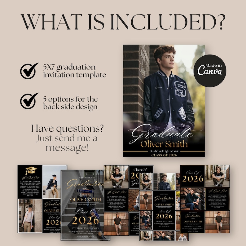 Modern graduation announcement and invitation template with navy blue and gold theme featuring graduate photo and elegant typography. Class of 2026 senior graduation party invite editable in Canva for high school or college graduation celebrations.
