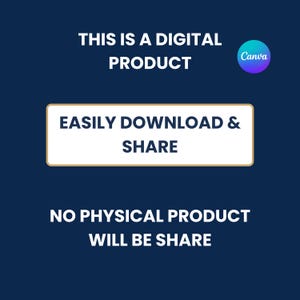 Puede incluir: Anuncio de producto digital sobre un fondo azul oscuro. El texto dice "THIS IS A DIGITAL PRODUCT" y "EASILY DOWNLOAD & SHARE". El logotipo de Canva est&aacute; en la esquina superior derecha. El texto "NO PHYSICAL PRODUCT WILL BE SHARE" est&aacute; en la parte inferior.