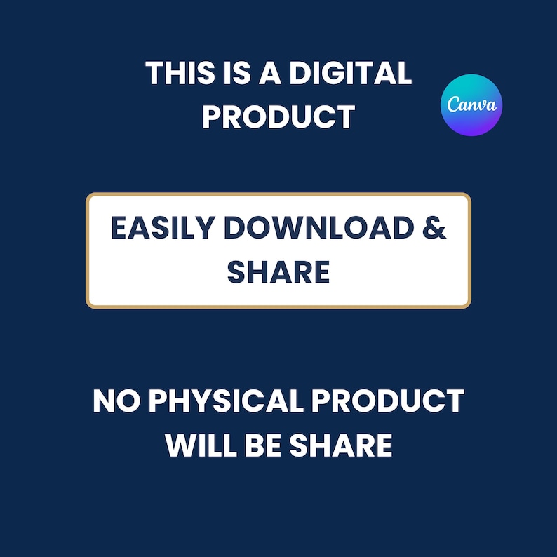 Puede incluir: Anuncio de producto digital sobre un fondo azul oscuro. El texto dice "THIS IS A DIGITAL PRODUCT" y "EASILY DOWNLOAD & SHARE". El logotipo de Canva est&aacute; en la esquina superior derecha. El texto "NO PHYSICAL PRODUCT WILL BE SHARE" est&aacute; en la parte inferior.