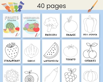 Puede incluir: Un libro para colorear titulado "Fruits & Vegetables Coloring Book" con 40 páginas. El libro presenta ilustraciones de varias frutas y verduras, incluyendo una sandía, una naranja y un pimiento. La portada incluye tubos de pintura y un pincel.