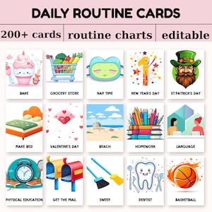 May include: A collection of illustrated daily routine cards with the text "DAILY ROUTINE CARDS" and "200+ cards routine charts editable". Each card features a different activity, including baking, grocery shopping, and nap time.