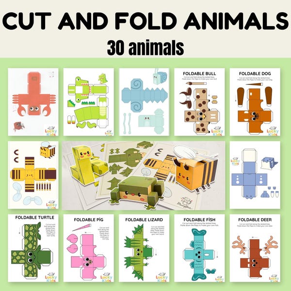 Cut and Fold Animals Printable | 30 Paper Craft Templates for Kids | DIY Animal Activity