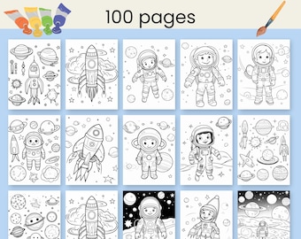 Könnte beinhalten: Ein Weltraum-Malbuch mit 100 Seiten. Auf dem Cover steht "SPACE COLORING BOOK" und "100 pages". Im Inneren befinden sich Schwarz-Weiß-Illustrationen von Raketen, Planeten, Astronauten und Weltraumelementen zum Ausmalen.