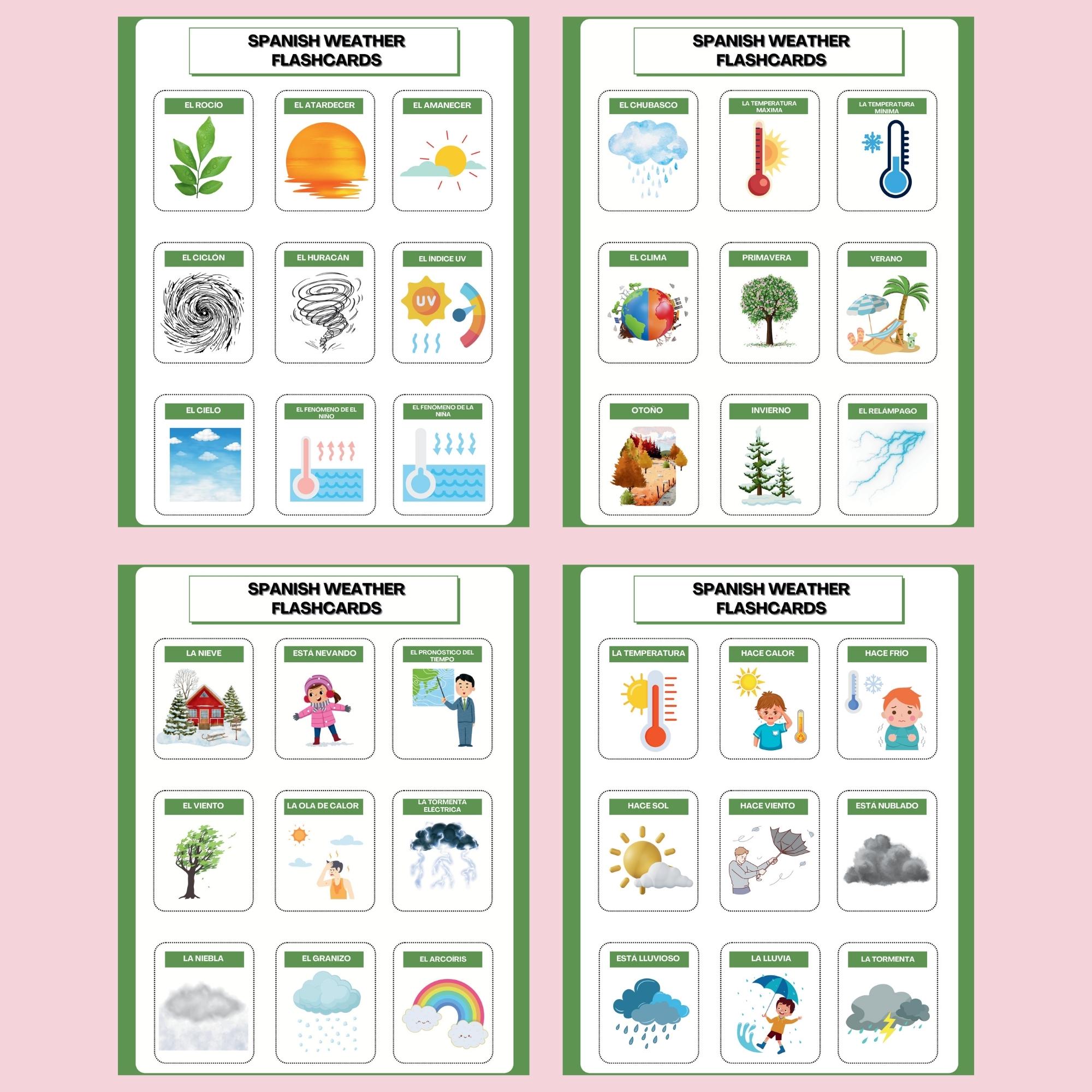 Spanish Weather Flashcards | Bilingual Learning, 36 Words (PDF) - Etsy