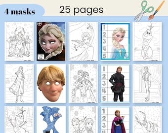Libro para colorear y actividades de Frozen / 25 páginas / Máscaras de Elsa, Anna y Olaf y rompecabezas invernales