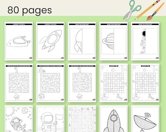 May include: A space-themed activity book with 80 pages. The cover features the title "SPACE ACTIVITY BOOK" in large black letters. Inside, the book contains connect-the-dots, mazes, and drawing activities. The pages are black and white, with illustrations of rockets, astronauts, and planets.